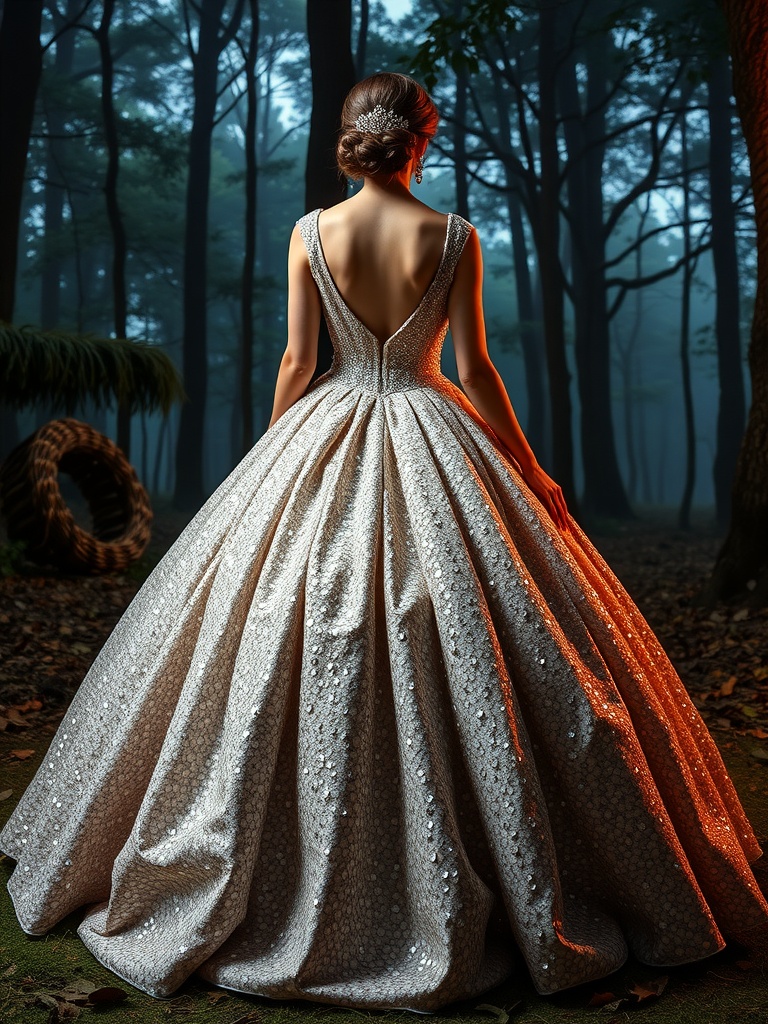 A woman in a stunning sequin bridal gown standing in an enchanting forest setting.