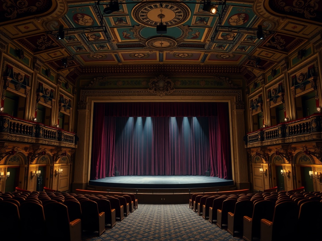 Interior of a historic theater with ornate ceiling and stage curtains.