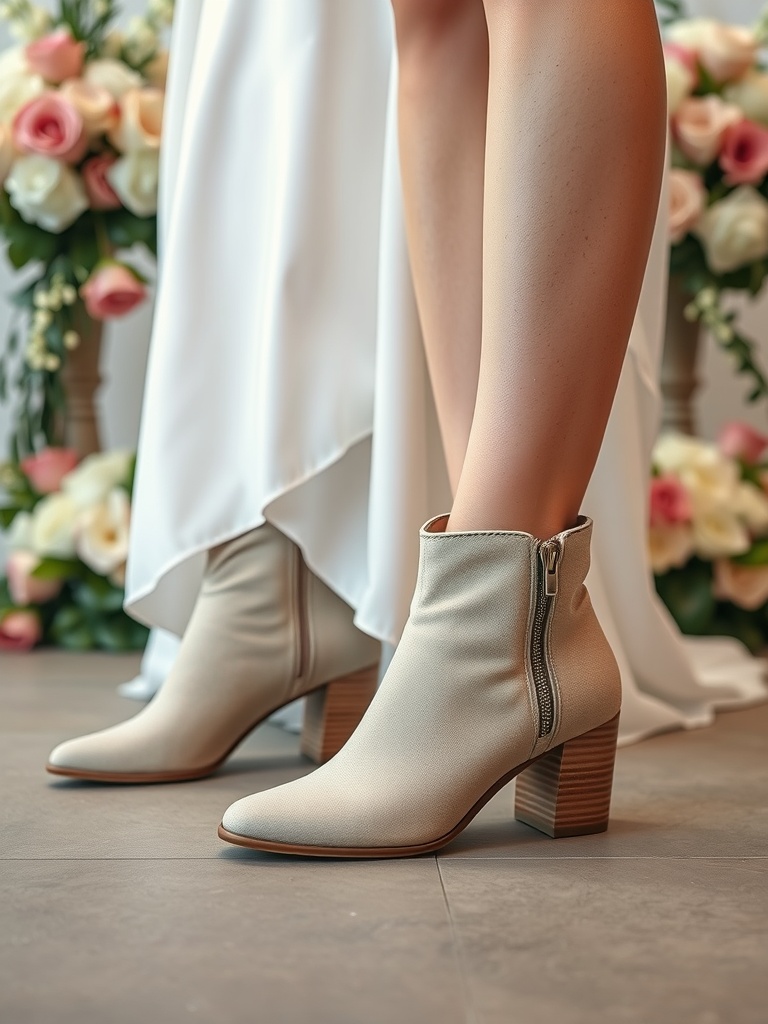 A pair of stylish ankle boots worn by a bride, complementing her wedding dress.