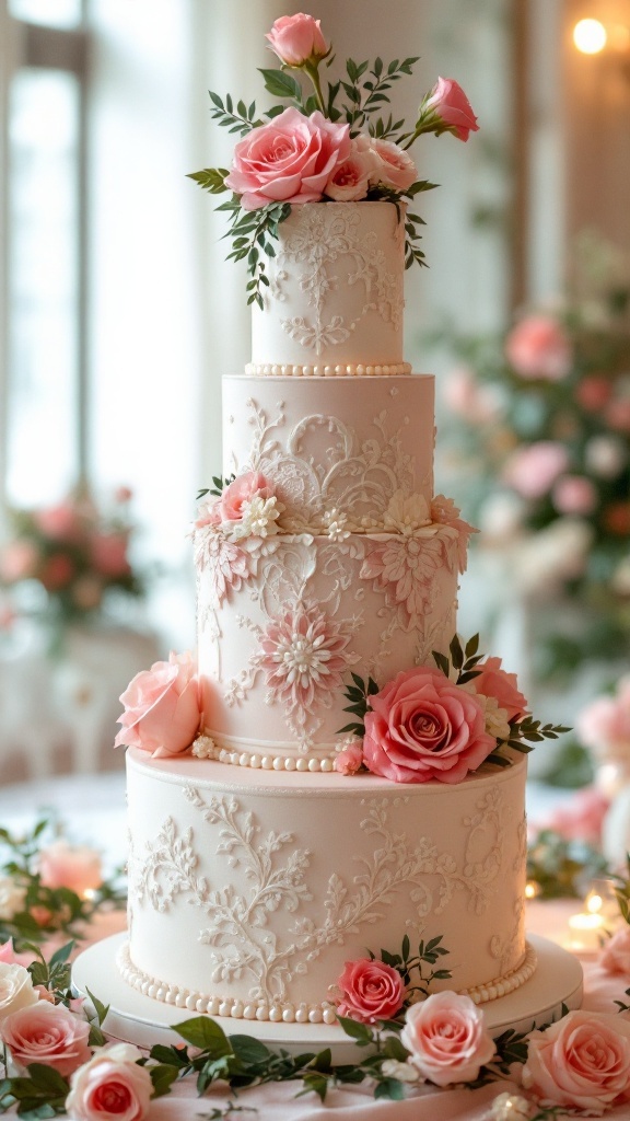 A vintage three-tier wedding cake adorned with pink roses and intricate floral designs.