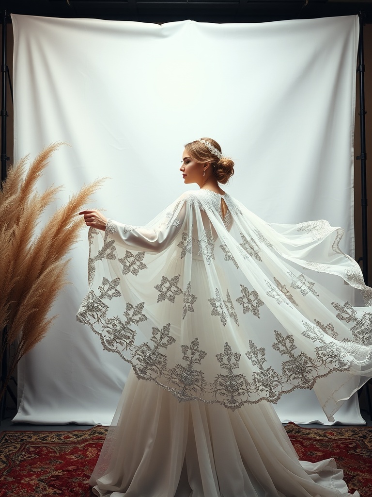 A bride wearing a stunning bridal cape with intricate patterns, showcasing a unique alternative to traditional veils.