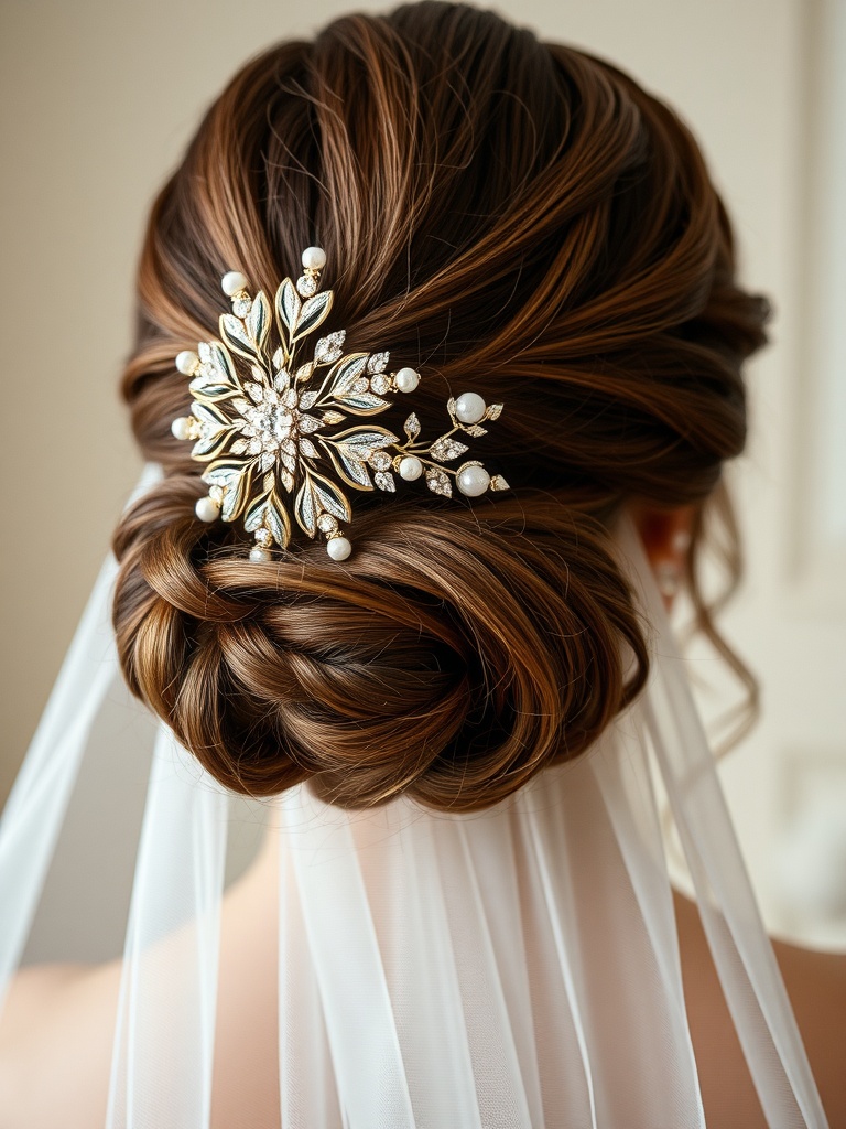A beautiful bridal hairstyle featuring a decorative hair comb and flowing veil.