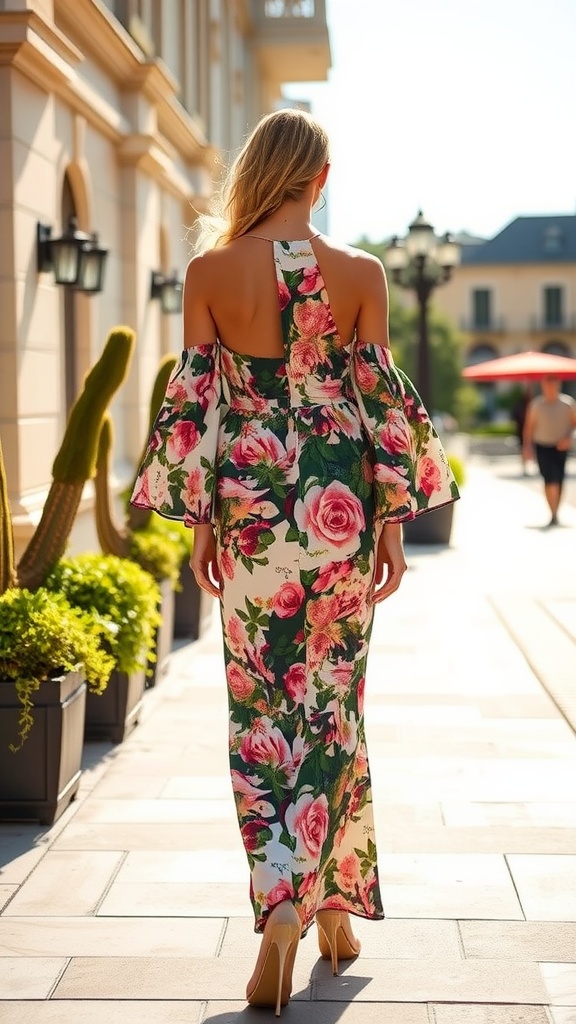 A woman walking away from the camera in a floral statement sleeve dress, featuring an open back, perfect for summer weddings.