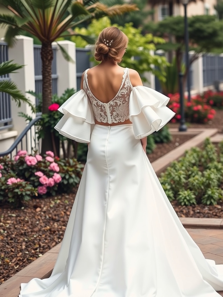 A bride wearing a two-piece wedding dress with statement sleeves, showcasing a modern bridal look.