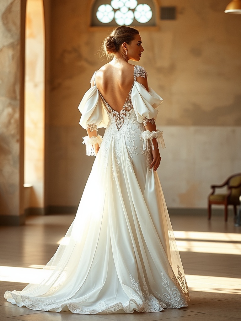 A bride showcasing a stunning wedding gown with detailed design and elegant silhouette