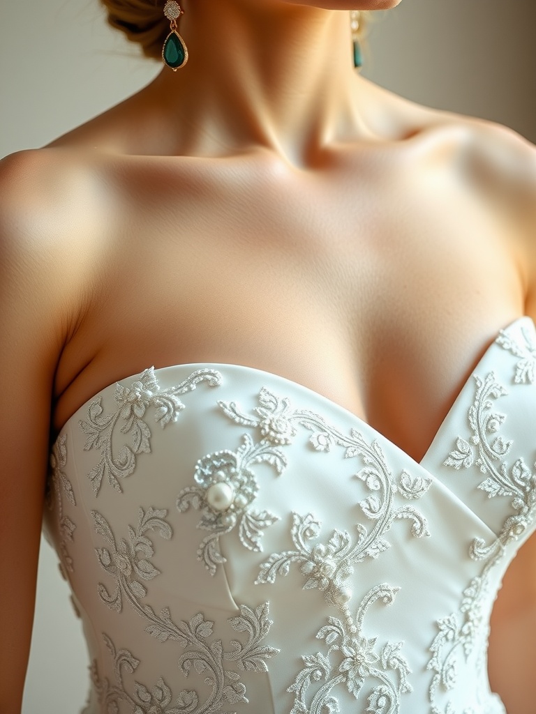 Elegant strapless wedding dress with beautiful drop earrings.