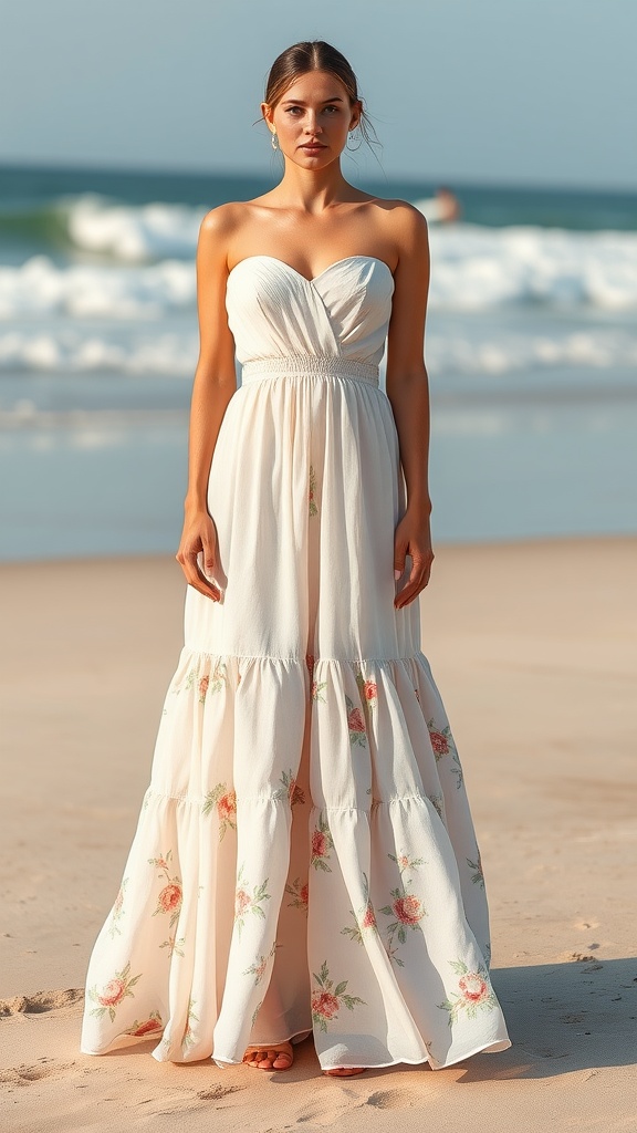 A model wearing a strapless tiered skirt dress with floral embroidery on a beach.