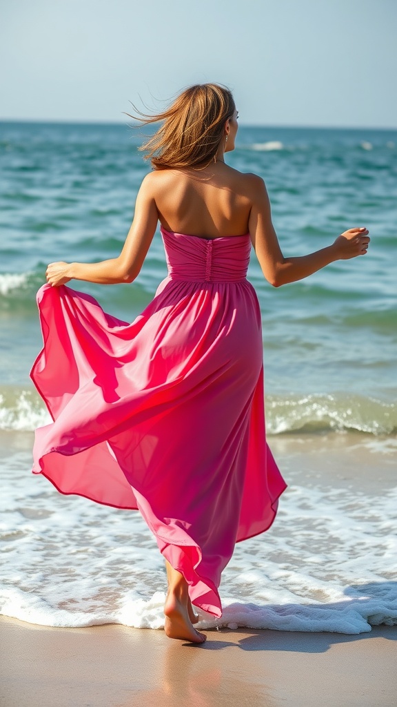 A woman in a strapless wrap dress walking barefoot on the beach with ocean waves in the background.