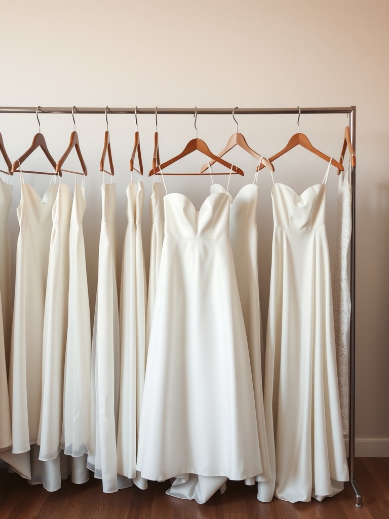 An array of minimalist wedding dresses hanging on a rack, showcasing streamlined silhouettes and elegant designs.