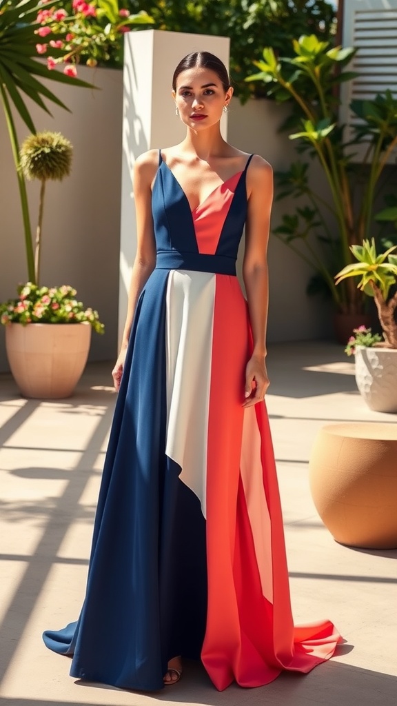 A woman wearing a striking color block dress with navy, coral, and cream colors, standing in a lush outdoor setting.