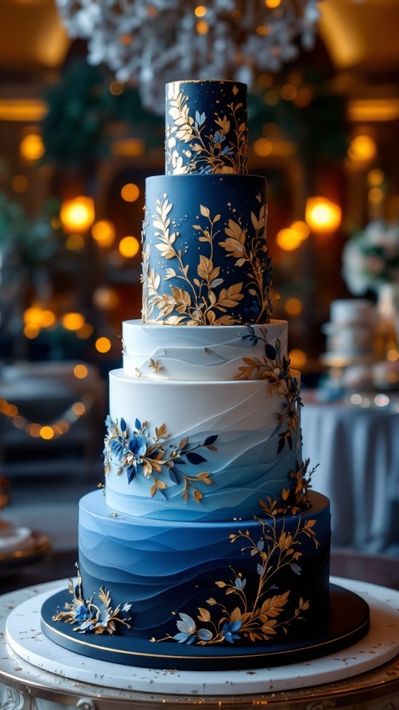 An elegant wedding cake featuring an ombre effect with blues and gold floral designs.