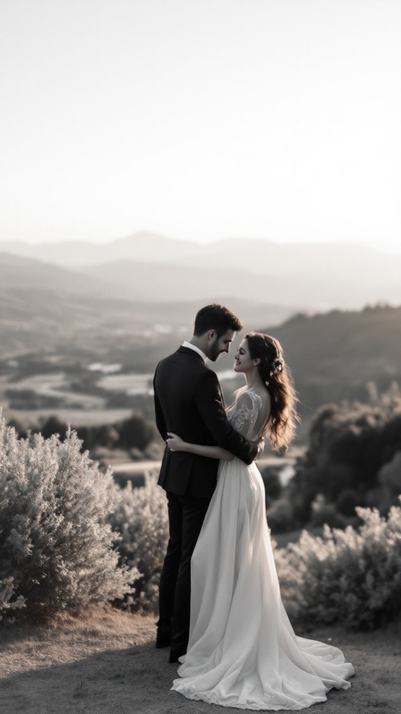 Couple embracing in a scenic landscape for engagement photo