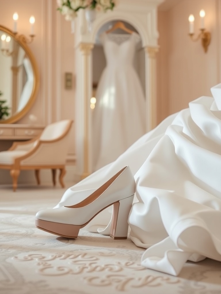 A pair of stylish block heel wedding shoes next to a wedding dress in a beautifully decorated space.
