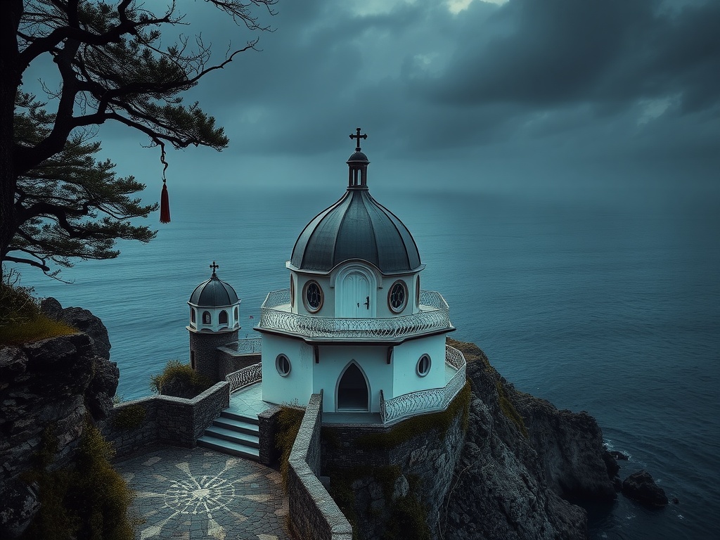A stunning clifftop chapel overlooking the ocean, featuring a domed roof and dramatic coastal scenery.