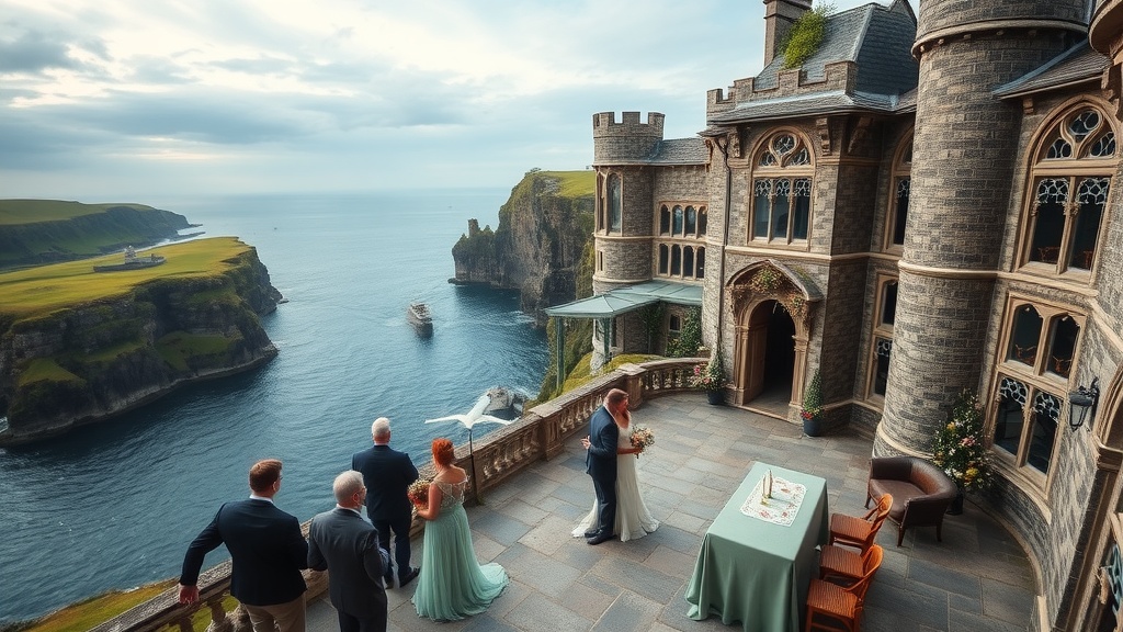 A wedding ceremony at a coastal castle in Ireland with scenic ocean views.