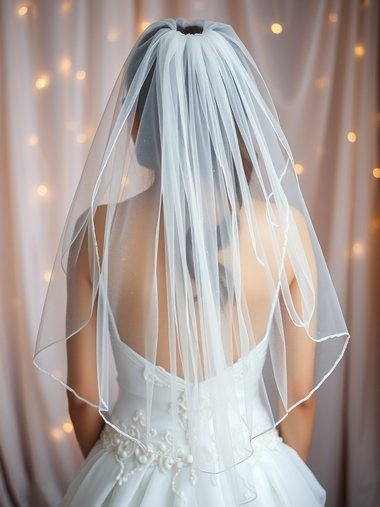 A bride's elegant back view in a sparkling wedding dress with a flowing veil adorned with embellishments.