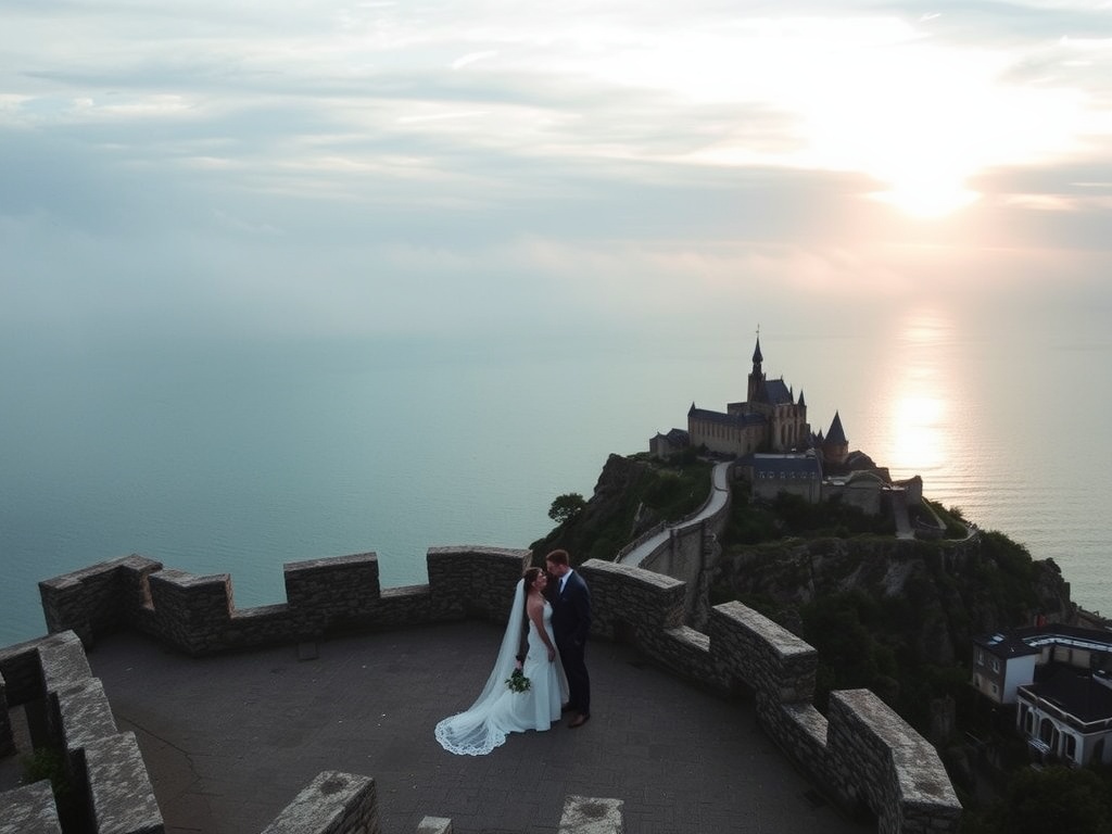 A couple embracing at Mont Saint-Michel during sunset