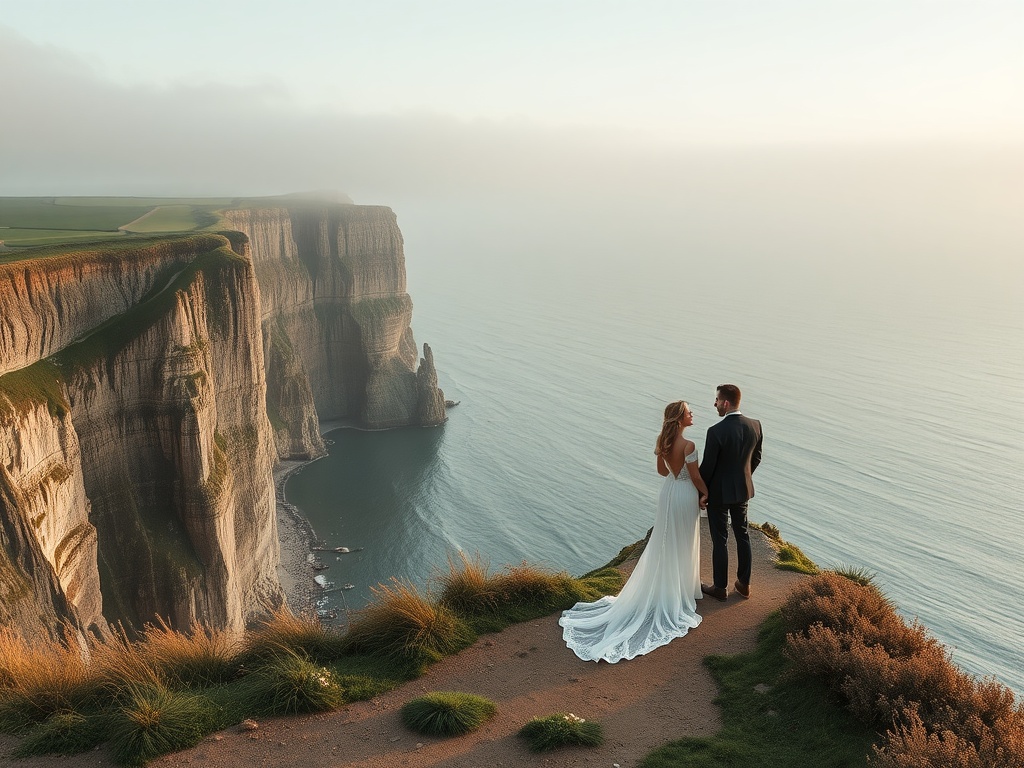 Couple standing on the cliffs of Etretat, France, overlooking the sea