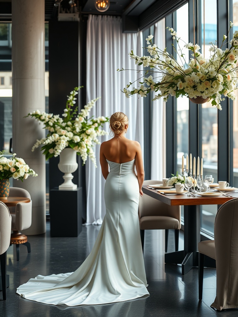 Bride wearing a sleek column wedding dress in a modern setting