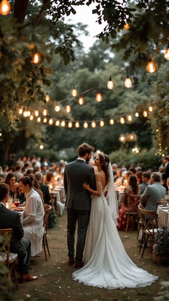 Couple in elegant attire at a small wedding celebration under string lights