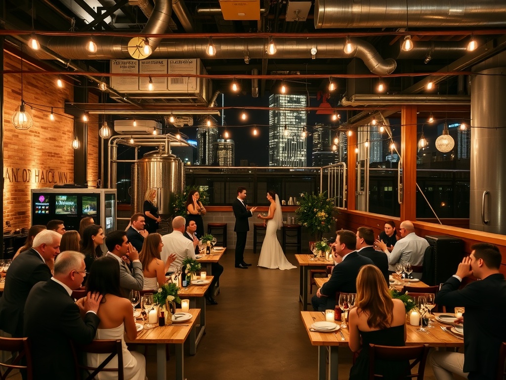 A stylish brewery wedding with guests seated at wooden tables, a bride and groom exchanging vows, and a city skyline in the background.