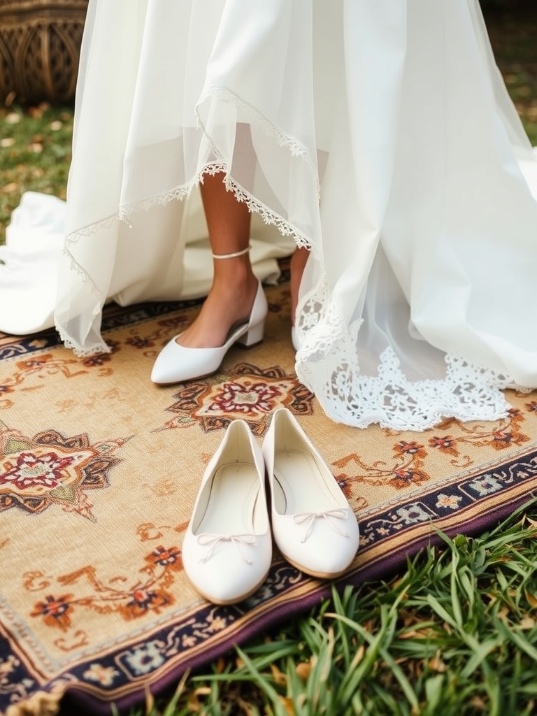 A pair of stylish white flats next to a bride in a flowing white dress, set on a decorative rug.
