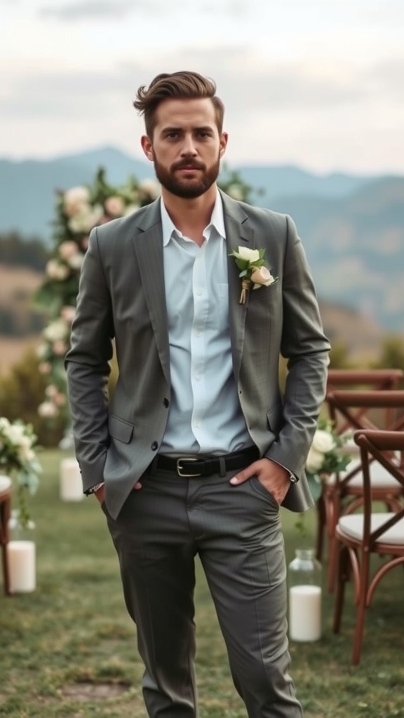 A groom in a stylish grey suit with a light blue shirt and a boutonnière, standing in an outdoor wedding setting.