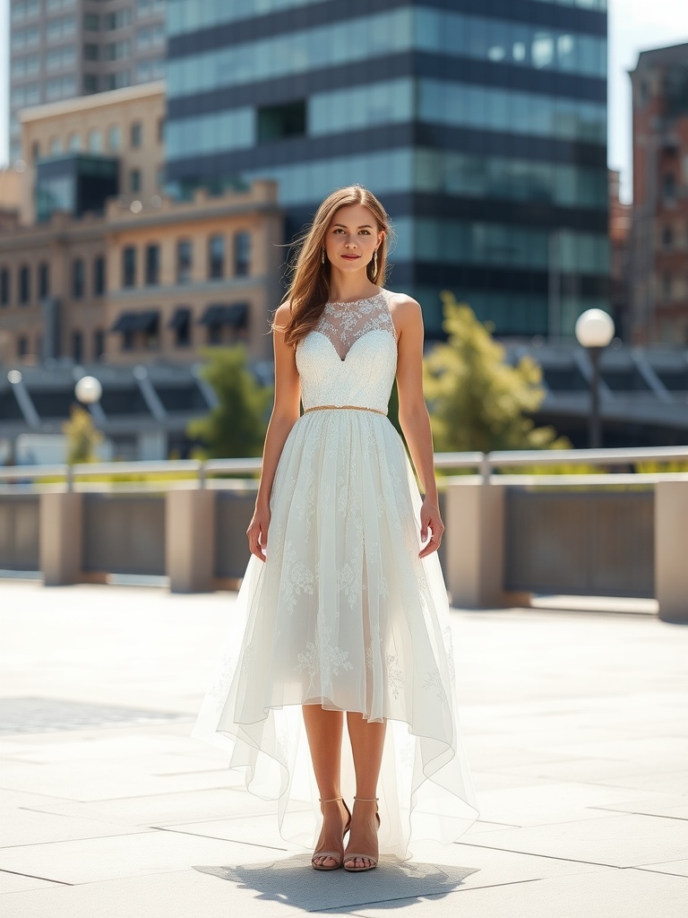 A bride wearing a stylish two-piece ensemble with a tea-length bridal gown in a city setting.