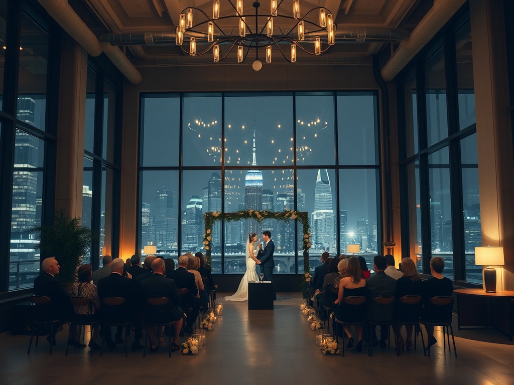 Couple exchanging vows in an urban loft with a city skyline backdrop
