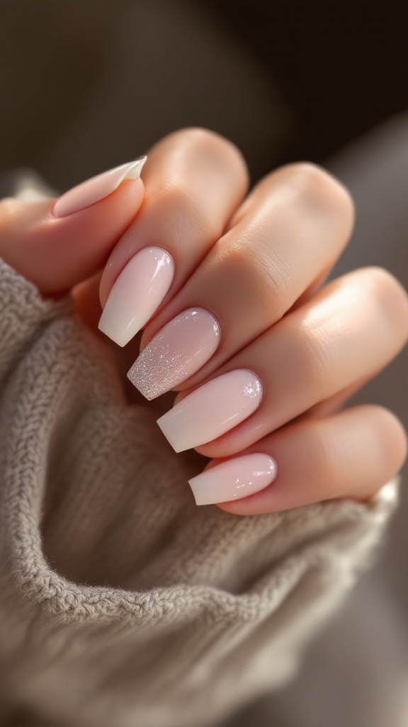 A hand with elegant blush pink nails holding a bouquet of white roses, showcasing subtle glitter accents