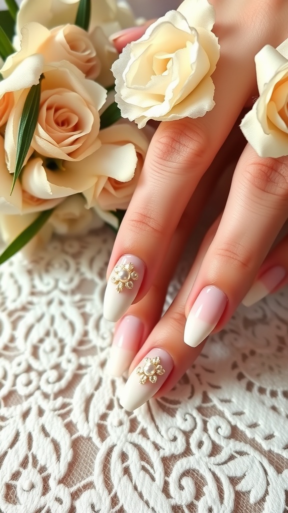A close-up of elegant nails with subtle lace patterns, featuring neutral tones and floral accents.