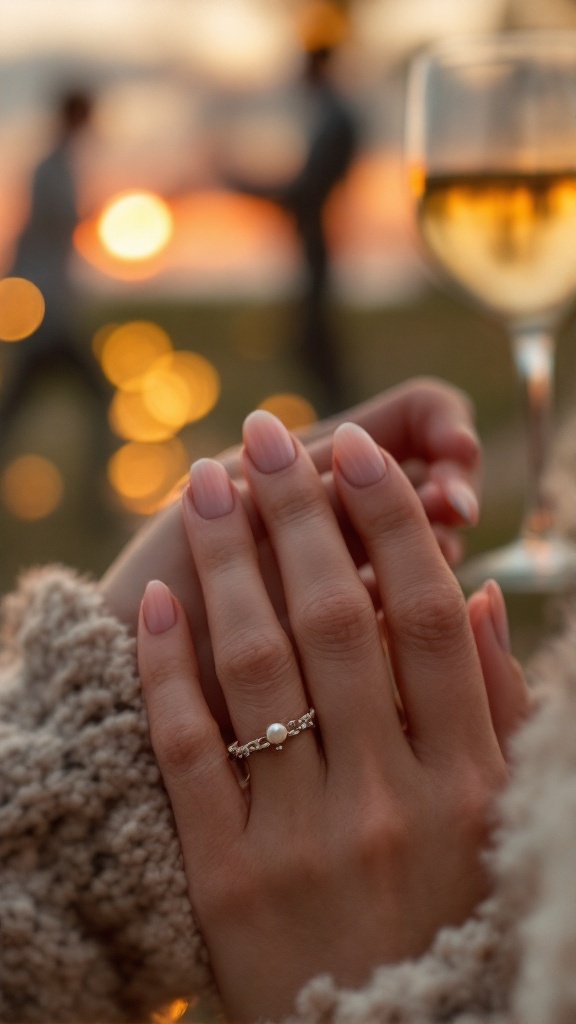 A close-up of hands displaying subtle ombre engagement nails with a pearl ring, set against a romantic background.