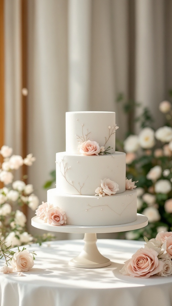 A three-tiered minimalist wedding cake adorned with soft pink roses and delicate sprigs, set against a softly blurred floral background.