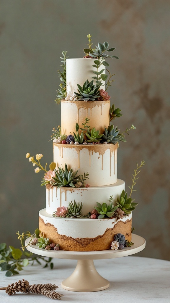 A multi-tiered wedding cake decorated with succulents and flowers, showcasing a modern and artistic design.
