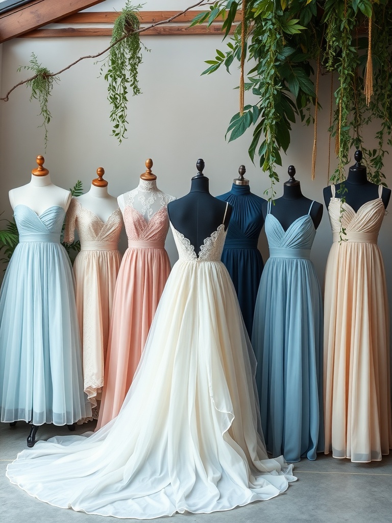 A collection of colored wedding dresses in various pastel shades displayed on mannequins