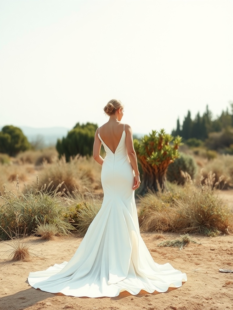 A bride in a minimalist wedding dress standing in a natural setting