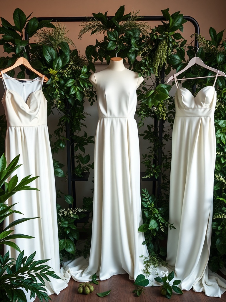 Three elegant silk and satin wedding dresses displayed among greenery