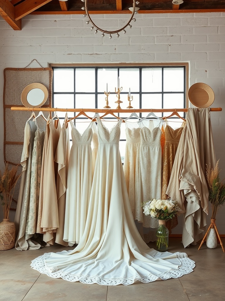 A collection of eco-friendly wedding dresses hanging on a wooden rack, showcasing various sustainable fabrics and styles.