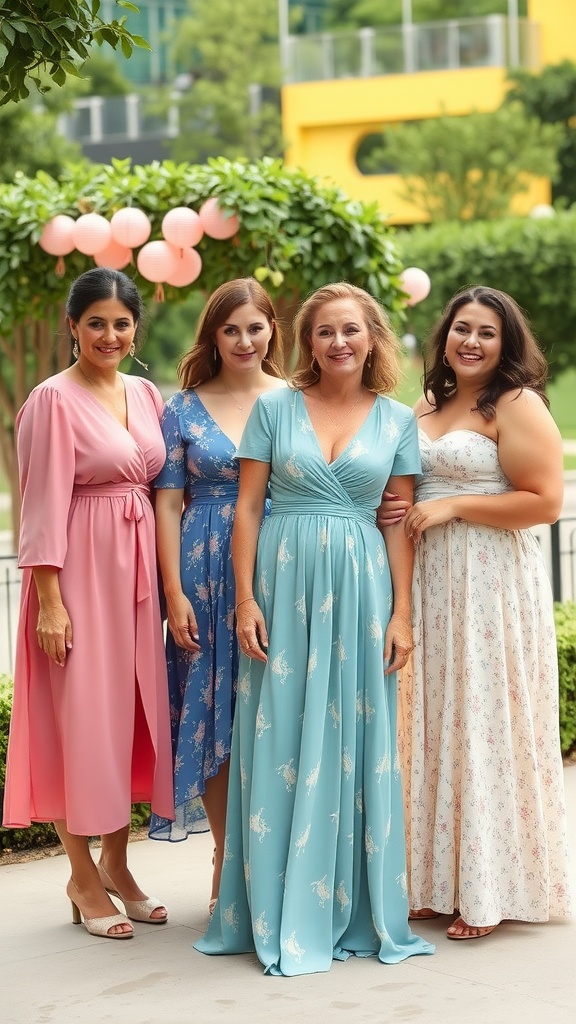 A group of women in summer wedding guest dresses made from sustainable fabrics, showcasing diverse styles and body types.