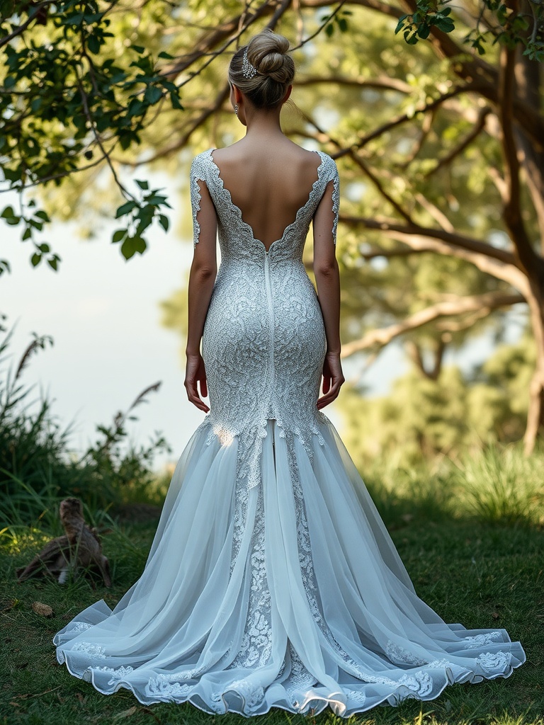A bride in a stunning bridal gown with intricate details and a flowing train, set against a lush green background.