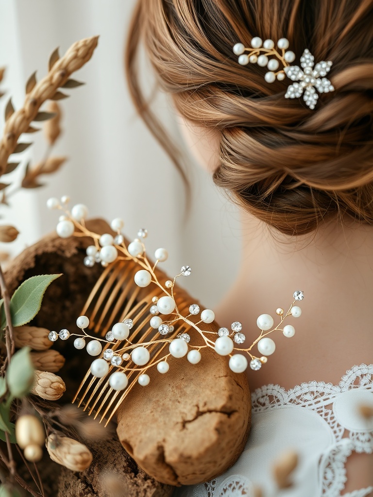 Bridal hair accessories featuring pearls and floral designs on a beautifully styled hair updo.
