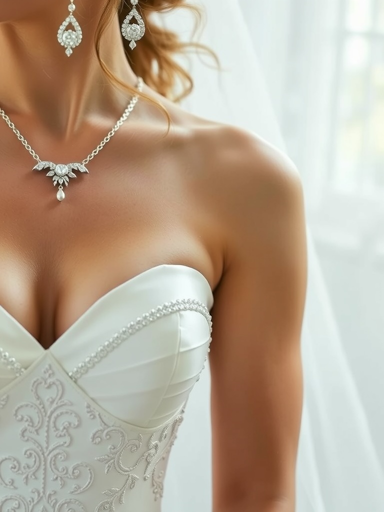 Close-up of a bride wearing earrings and a necklace with a sweetheart neckline wedding dress.