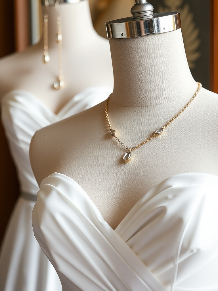 Jewelry display featuring a delicate necklace on a mannequin with a sweetheart neckline wedding dress.