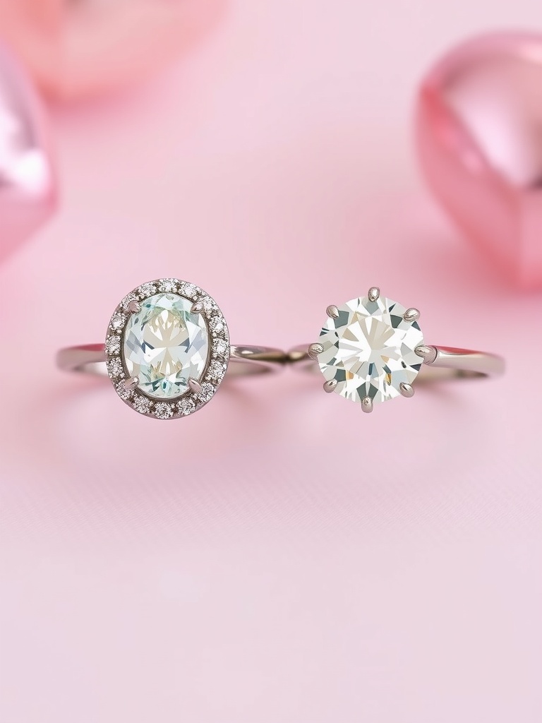 Comparison of oval and round engagement rings against a soft pink background