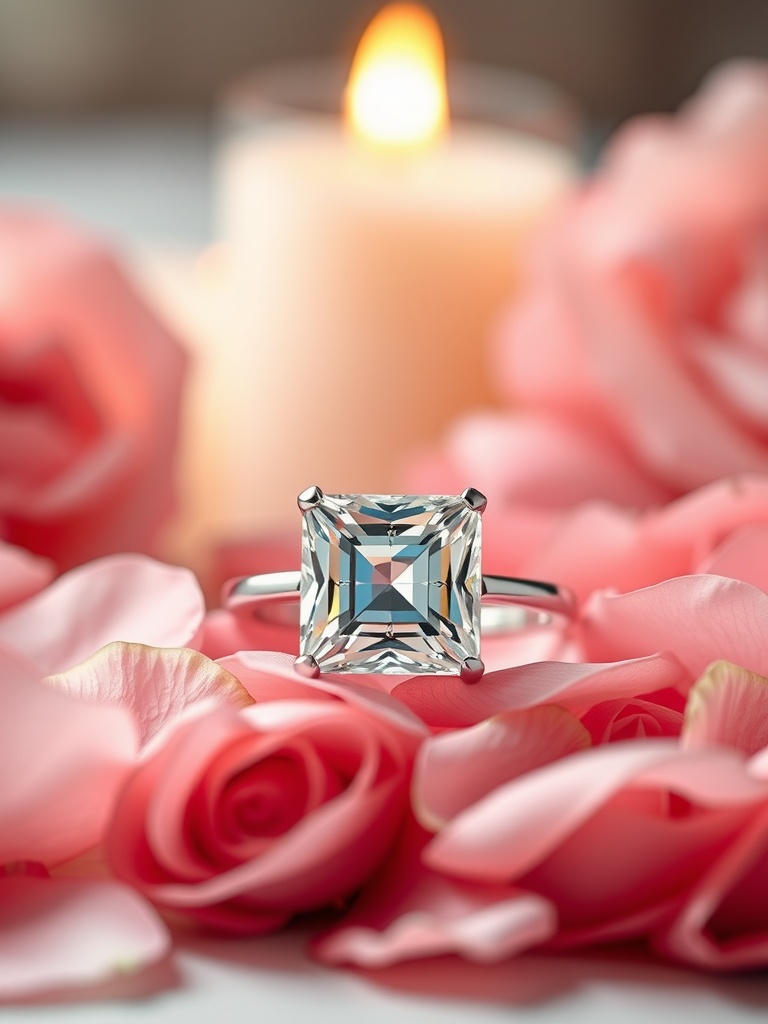 A stunning princess cut engagement ring surrounded by pink roses and a candle.