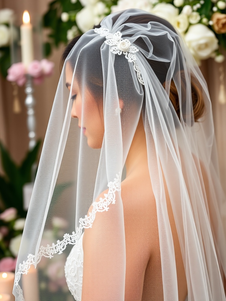 Bride wearing a delicate veil with floral accents in a wedding setting.