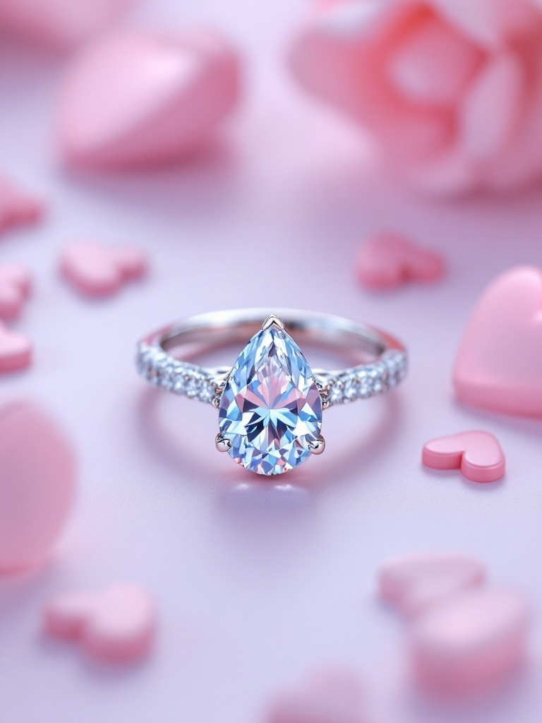 A pear-shaped engagement ring with a diamond center stone and small diamond accents on the band, surrounded by pink heart shapes.