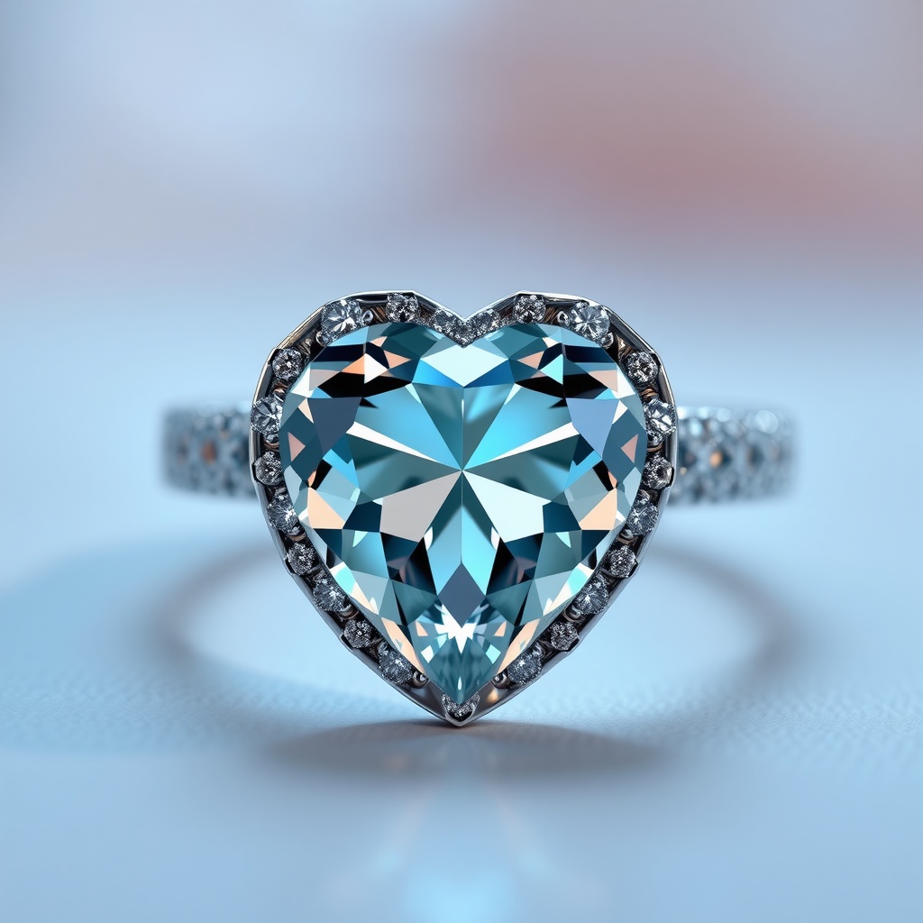A stunning heart-shaped engagement ring featuring a blue diamond and exquisite detailing.