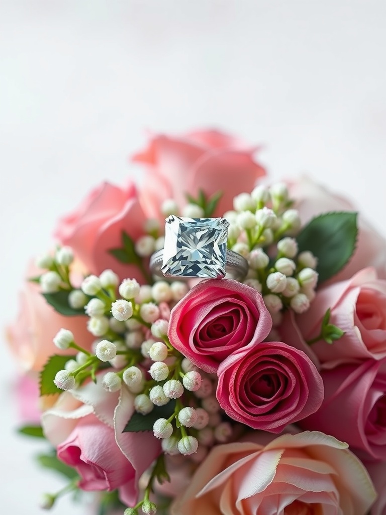 Cushion cut engagement ring on a bouquet of pink roses