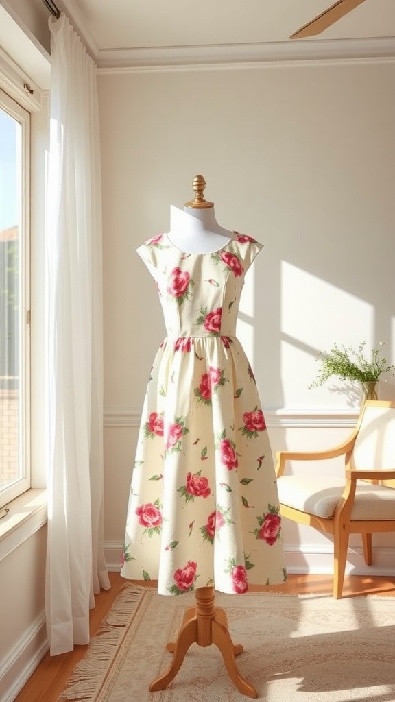 A tea-length dress with cap sleeves, featuring a floral pattern in vibrant colors, displayed on a mannequin near a bright window.